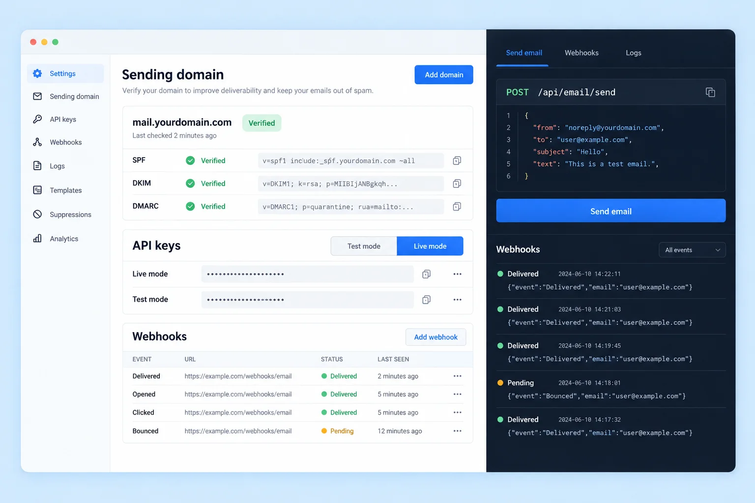 Concept developer console showing verified sending domain, API keys, webhooks and email API request