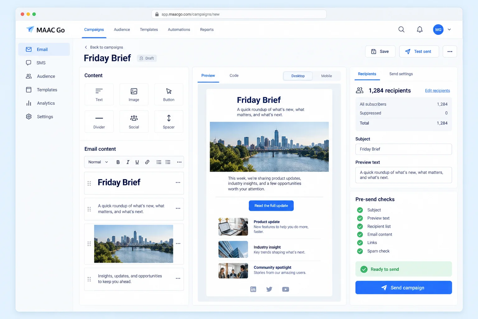 Concept interface showing a newsletter editor, live preview, recipients and pre-send checks